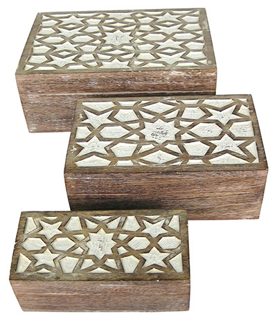 Mango Wood Set Of 3 Star Boxes Burnt White Finish - Click Image to Close